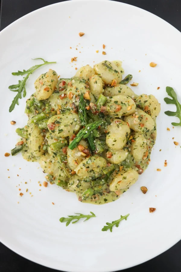 Gnocchi with Pesto Cream Sauce & Asparagus cover