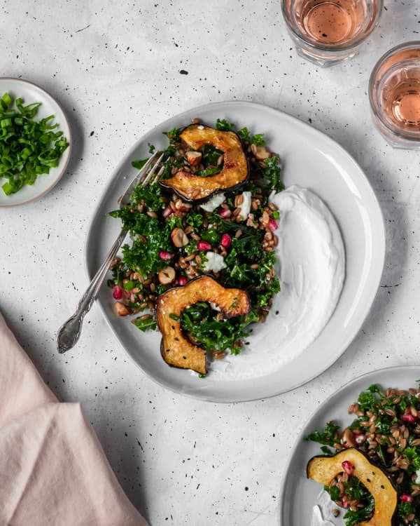 Farro Salad With Acorn Squash, Kale, + Pomegranate cover
